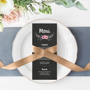 5 x tarjetas de menú - Pizarra Flor DIN Larga impresa por dos caras boda personalizada