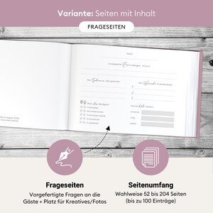 May include: A white guest book with a pink cover. The book has pre-printed questions for guests to answer. The book has 52 to 204 pages and can hold up to 100 entries.