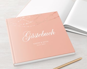 GÄSTEBUCH Hochzeit | personalisiert mit Namen & Datum | mit Fragen oder weiße Seiten | Hardcover | quadratisch | Rose lights