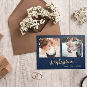 5x Danksagung Dankes Karten | Deluxe Marineblau | Din A6 | zweiseitig bedruckt | Hochzeit personalisiert Namen & Datum Text | Veredelt Blau