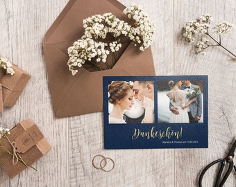 5x Thank You Cards | Deluxe Navy Blue | Din A6 | printed on both sides | Wedding personalized names & date text | Refined Blue