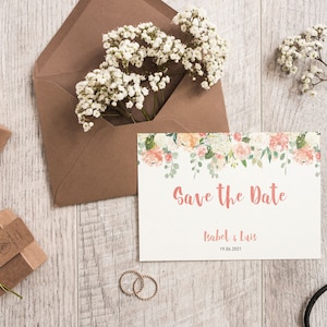 5x SAVE THE DATE-kaarten | Aquarel roos | Din A6 | dubbelzijdig bedrukt | Bruiloft gepersonaliseerde namen & datumtekst | Zalmgroen