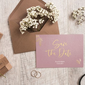 5x SAVE THE DATE Karten | Deluxe Altrose | Veredelt | Din A6 | zweiseitig bedruckt | Hochzeit personalisiert Namen & Datum | Text Rosa Rose