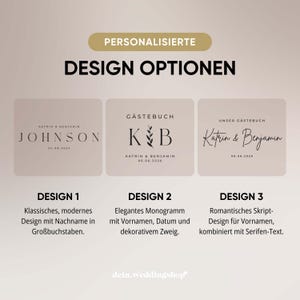 May include: Image showcasing three design options for personalized items. The designs include text with names and dates, featuring different fonts and layouts. The text "DESIGN OPTIONEN" is at the top.