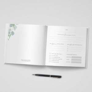 GÄSTEBUCH Hochzeit personalisiert mit Namen & Datum mit Fragen oder weiße Seiten Hardcover Eucalyptus Green Love Greenery Bild 5