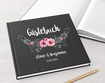 GÄSTEBUCH Hochzeit | personalisiert mit Namen & Datum | mit Fragen oder weiße Seiten | Hardcover | quadratisch | Chalkboard Flower