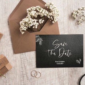 5x SAVE THE DATE Karten | Deluxe Schwarz | Veredelt | Din A6 | zweiseitig bedruckt | Hochzeit personalisiert Namen & Datum Text