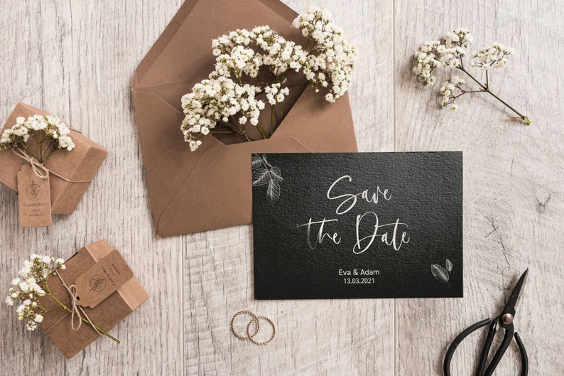 Deluxe Black 5x SAVE THE DATE Cards Refined printed on two sides Din A6 Wedding Personalized Name /& Date Text