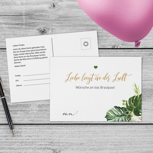 Ballonkarten Hochzeit, ab 50 Stück - Monstera Leaf gold grün blumen blatt Din A6 zweiseitig bedruckt