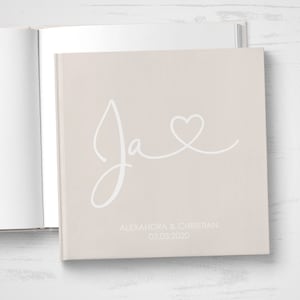 GÄSTEBUCH Hochzeit personalisiert mit Namen & Datum mit Fragen oder weiße Seiten Hardcover quadratisch JA beige Bild 6