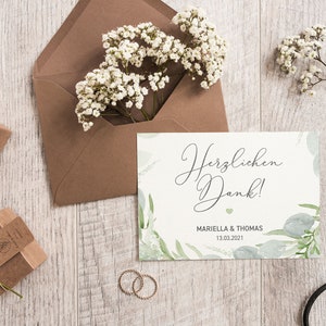 5x bedankkaartjes | Eucalyptus Groene Liefde | Din A6 | dubbelzijdig bedrukt | Bruiloft gepersonaliseerde namen & datumtekst | Groen