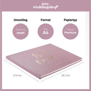 May include: A dusty rose guest book with gold lettering that says "Our Beginning". The book is 21 inches by 29.7 inches and has a hardcover, matte finish. The paper is 150gsm premium.