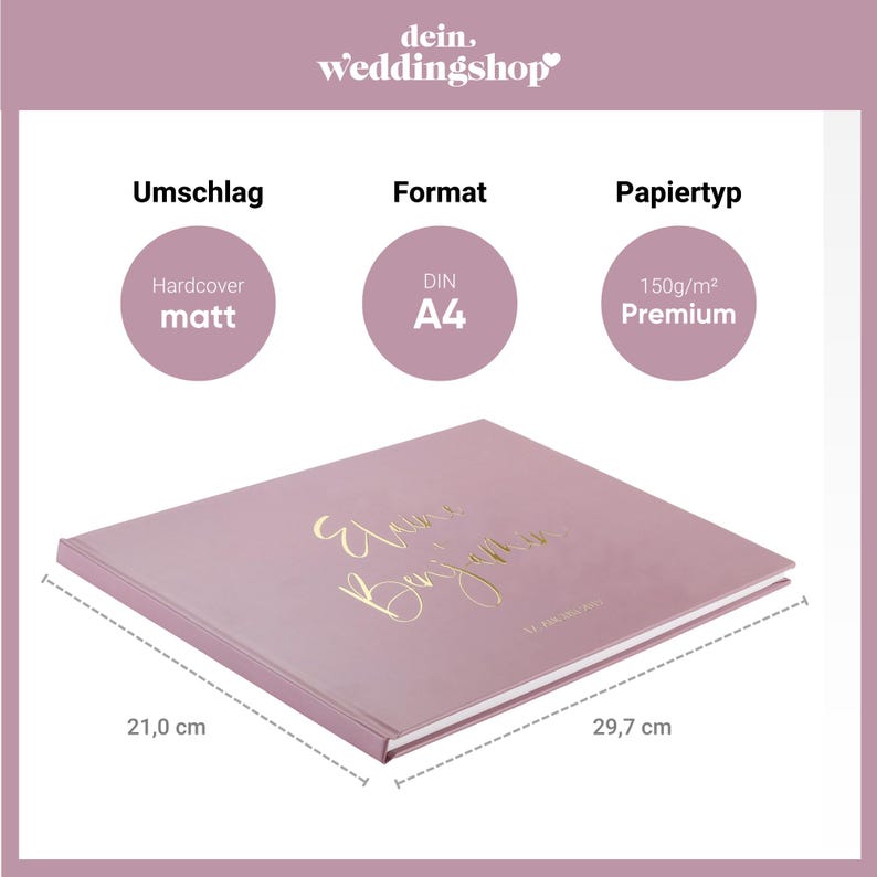 May include: A dusty rose guest book with gold lettering that says "Our Beginning". The book is 21 inches by 29.7 inches and has a hardcover, matte finish. The paper is 150gsm premium.