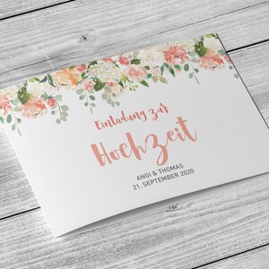 5 x uitnodigingskaart - aquarel bloemen roze roze aquarel DIN A6 vouwkaart bedrukt aan 4 zijden bruiloft gepersonaliseerde namen en datum