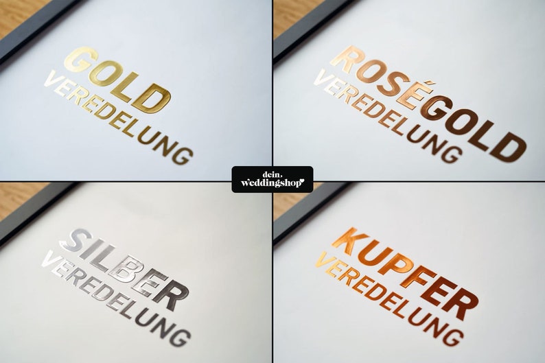 K&ouml;nnte beinhalten: Vier gerahmte Muster verschiedener Metalloberfl&auml;chen: Gold, Ros&eacute;gold, Silber und Kupfer. Jedes Muster tr&auml;gt den Schriftzug "VEREDELUNG" (deutsch f&uuml;r "Veredelung") unter dem Metallnamen.