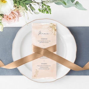 5 x Carte Menu - Aquarelle Breeze Rosé Rose DIN Long imprimé recto verso mariage personnalisé