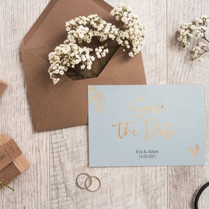 5x SAVE THE DATE-kaarten | Deluxe pastelturkoois | Verfijnd | Din A6 | dubbelzijdig bedrukt | Bruiloft gepersonaliseerde namen en datumtekst turquoise