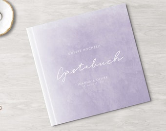 GUEST BOOK Wedding | personalized with names & date | with questions or white pages | hardcover | square | watercolor lilac purple