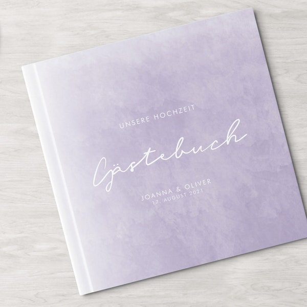 GÄSTEBUCH Hochzeit | personalisiert mit Namen & Datum | mit Fragen oder weiße Seiten | Hardcover | quadratisch | Watercolor Flieder Lila