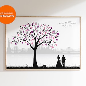 Wedding Tree Skyline su tela o carta pregiata, albero delle impronte digitali, animale, bambino, albero, libro degli ospiti, regalo di nozze New York