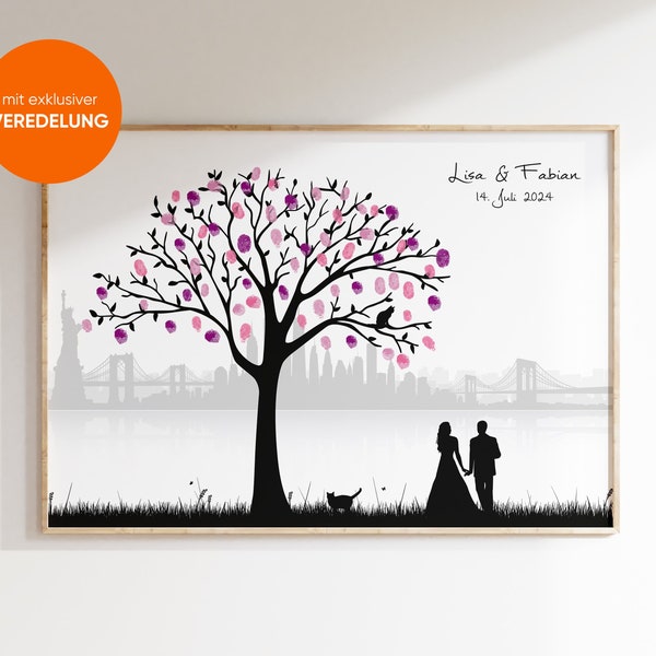 Árbol de bodas Weddingtree Skyline sobre lienzo o papel premium, árbol de huellas dactilares, animal, niño, árbol, libro de visitas regalo de boda Nueva York