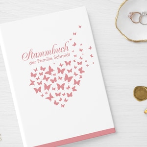 Familieboek | Vlinderhart Rosé | Hardcover met ringmechaniek, inclusief index | gepersonaliseerde naam en datum | Roze