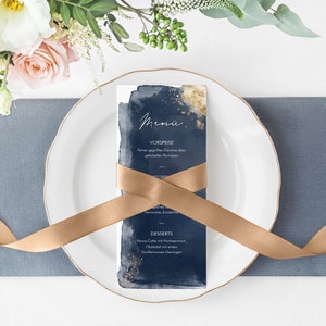 5 x Menükarte - Watercolor Breeze Blau DIN Lang zweiseitig bedruckt Hochzeit personalisiert