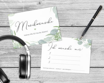 50 x Musikwunsch-Karten - Eucalyptus Green Love Din A6 zweiseitig bedruckt Hochzeit Greenery