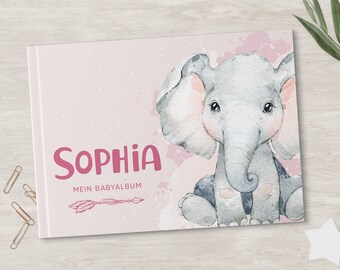 Babyalbum - Erstes Babyjahr zum Ausfüllen PERSONALISIERBAR 104 Seiten, Album zur Geburt, Baby-Tagebuch, Meilensteine, 1. Jahr | Elefant rosa