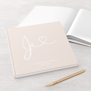 GÄSTEBUCH Hochzeit personalisiert mit Namen & Datum mit Fragen oder weiße Seiten Hardcover quadratisch JA beige Bild 1