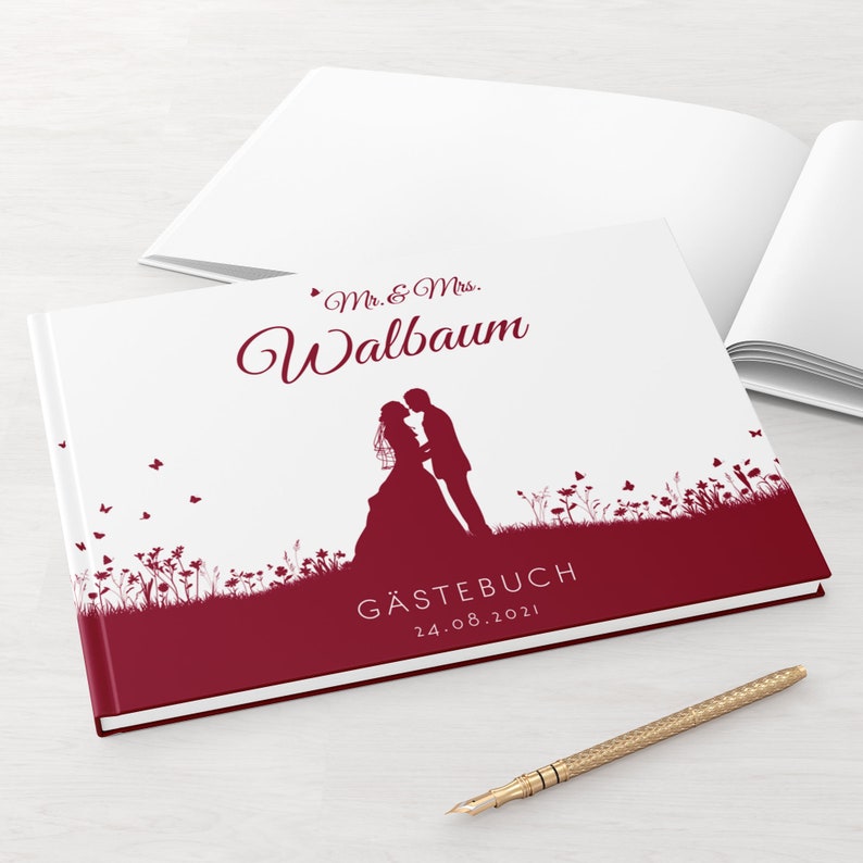 Gästebuch Hochzeit mit und ohne Fragen weiße Seiten blanko fotobuch edel romantisch weinrot leaf couple mr mrs personalisiert Bild 1