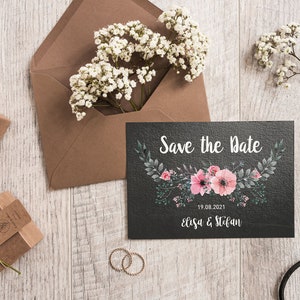 5x SAVE THE DATE-kaarten | Krijtbordbloem | Din A6 | dubbelzijdig bedrukt | Bruiloft gepersonaliseerde namen & datumtekst | Leistenen bord