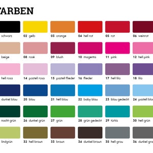 K&ouml;nnte beinhalten: Eine Farbkarte mit 36 verschiedenen Farben, die mit Nummern und deutschen Namen beschriftet sind. Die Farben sind in Reihen und Spalten angeordnet, wobei die erste Reihe schwarz, gelb, orange, rot, rot und burgunderrot ist. Die zweite Reihe ist beige, rosa, blush, magenta, pink und hellrosa. Die dritte Reihe ist hellrosa, pastellrosa, pastellflieder, flieder, helllila und lila. Die vierte Reihe ist dunkelblau, blau, hellblau, babyblau, blau und pastellblau. Die f&uuml;nfte Reihe ist nachtgr&uuml;n, dunkelgr&uuml;n, gr&uuml;n, gr&uuml;n, t&uuml;rkis und hellgr&uuml;n. Die sechste Reihe ist lindgr&uuml;n, hellbraun, braun, dunkelbraun, hellgrau und dunkelgrau.
