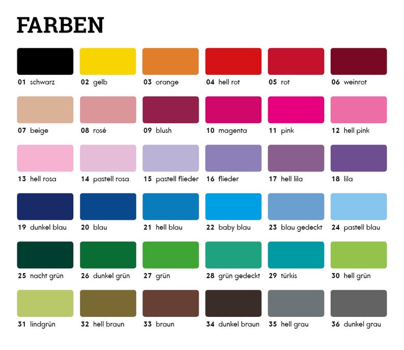 K&ouml;nnte beinhalten: Eine Farbkarte mit 36 verschiedenen Farben, die mit Nummern und deutschen Namen beschriftet sind. Die Farben sind in Reihen und Spalten angeordnet, wobei die erste Reihe schwarz, gelb, orange, rot, rot und burgunderrot ist. Die zweite Reihe ist beige, rosa, blush, magenta, pink und hellrosa. Die dritte Reihe ist hellrosa, pastellrosa, pastellflieder, flieder, helllila und lila. Die vierte Reihe ist dunkelblau, blau, hellblau, babyblau, blau und pastellblau. Die f&uuml;nfte Reihe ist nachtgr&uuml;n, dunkelgr&uuml;n, gr&uuml;n, gr&uuml;n, t&uuml;rkis und hellgr&uuml;n. Die sechste Reihe ist lindgr&uuml;n, hellbraun, braun, dunkelbraun, hellgrau und dunkelgrau.