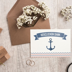 5x Danksagung Dankes Karten | Maritim Anker | Din A6 | zweiseitig bedruckt | Hochzeit personalisiert Namen & Datum Text | Blau