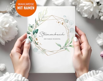 May include: A white book with a gold geometric frame and green watercolor leaves. The book says "Stammbuch der Familie Rosenthal" on the front.