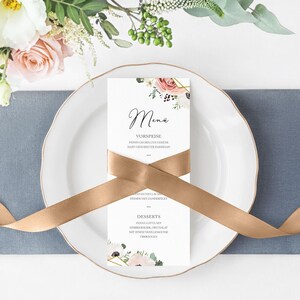 5 x Menükarte - Modern Floral DIN Lang zweiseitig bedruckt Hochzeit personalisiert