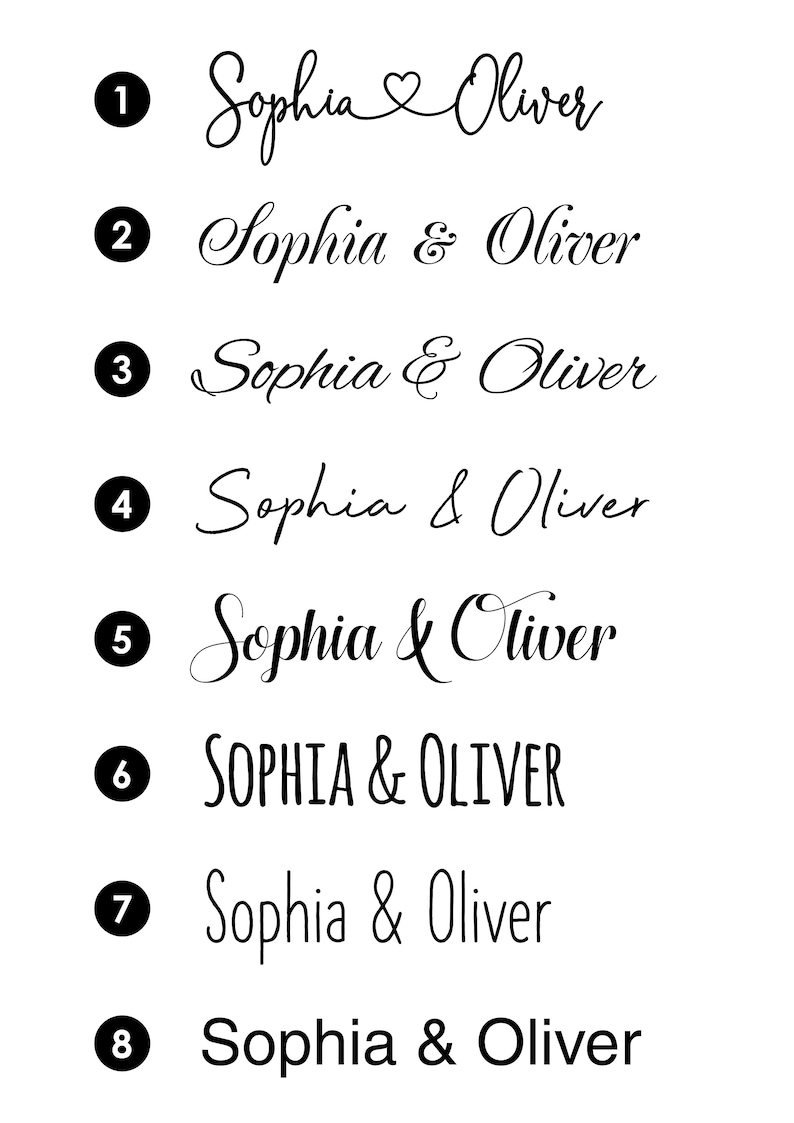 K&ouml;nnte beinhalten: Acht Variationen der Namen Sophia und Oliver, geschrieben in verschiedenen Stilen, darunter kursiv, Gro&szlig;buchstaben und ein Herzsymbol. Die Namen sind von 1 bis 8 nummeriert.