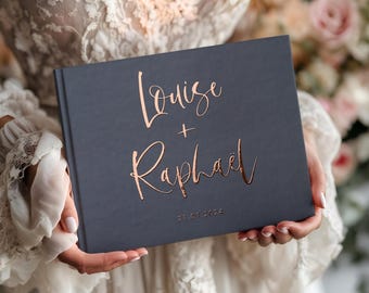 Livre d&#39;or de mariage | PERSONNALISÉ avec Nom Date Deluxe Gris Titane | très classe | Finition or | Couverture rigide A4 finition gris anthracite