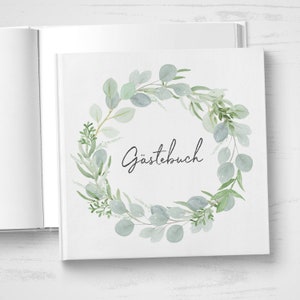 GÄSTEBUCH Hochzeit personalisiert mit Namen & Datum mit Fragen oder weiße Seiten Hardcover Eucalyptus Green Love Greenery Bild 7