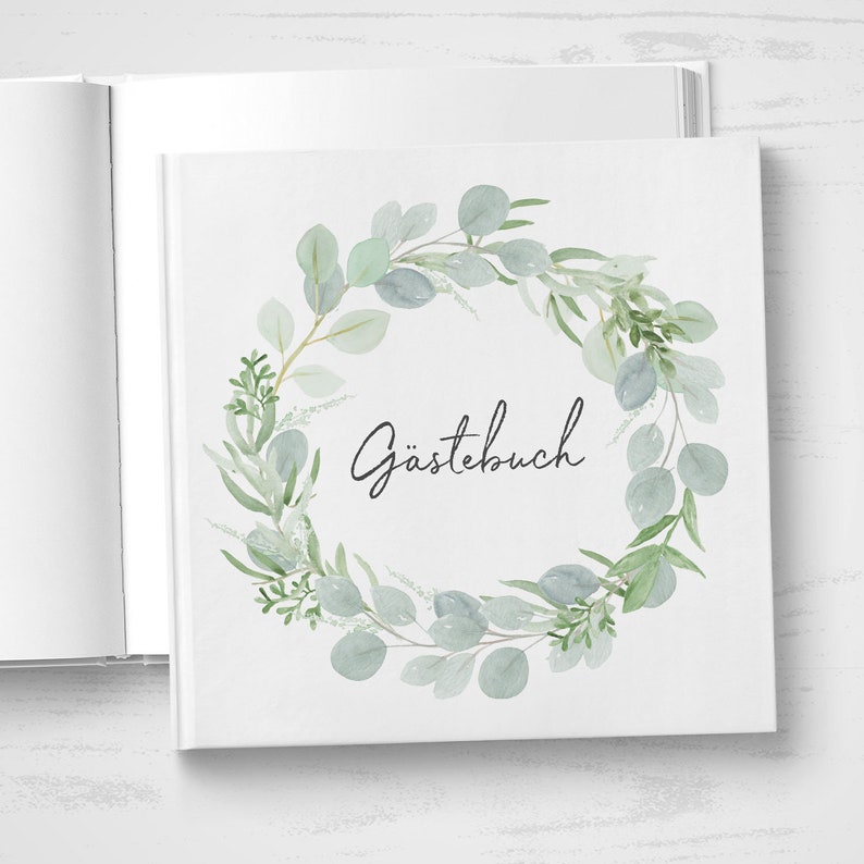 GÄSTEBUCH Hochzeit personalisiert mit Namen & Datum mit Fragen oder weiße Seiten Hardcover Eucalyptus Green Love Greenery Bild 7