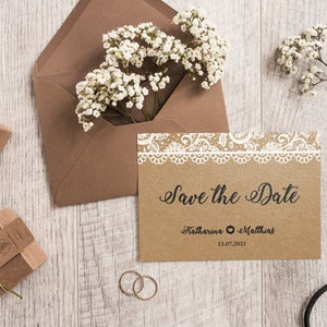5x SAVE THE DATE Karten | Vintage Spitze | Din A6 | zweiseitig bedruckt | Hochzeit personalisiert Namen & Datum Text | Kraftpapier