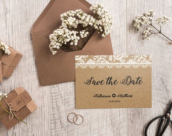 5x SAVE THE DATE Karten | Vintage Spitze | Din A6 | zweiseitig bedruckt | Hochzeit personalisiert Namen & Datum Text | Kraftpapier