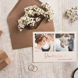 5x bedankkaartjes | Luxebeige | Din A6 | dubbelzijdig bedrukt | Bruiloft gepersonaliseerde namen & datumtekst | Verfijnd ivoor
