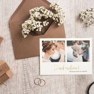 5x bedankkaartjes | Deluxe Puur Wit | Din A6 | dubbelzijdig bedrukt | Bruiloft gepersonaliseerde namen & datumtekst | Verfijnt wit