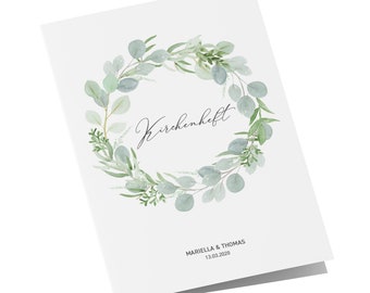 25 x Kirchenheft Eucalyptus Green Love - DIN A5 einseitig bedruckt Hochzeit personalisiert Namen & Datum Kirchenhefte