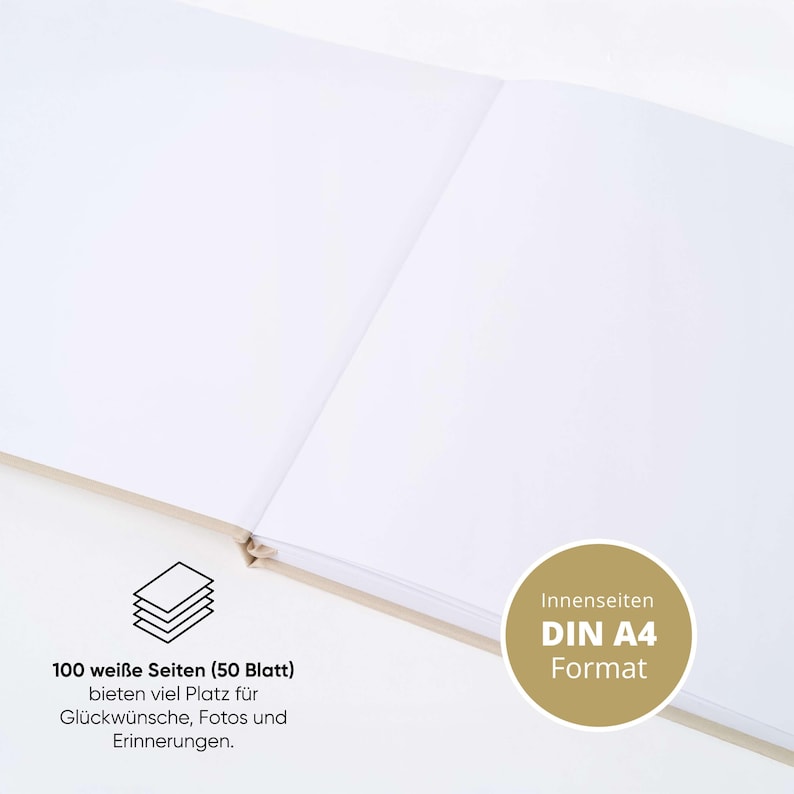 May include: An open, blank notebook with white pages. The notebook has a light-colored spine and binding. Text on the image reads "100 white pages (50 sheets) offer plenty of space for wishes, photos and memories" and "DIN A4 Format."