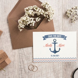5x SAVE THE DATE Karten | Maritim Anker | Din A6 | zweiseitig bedruckt | Hochzeit personalisiert Namen & Datum Text | Blau Orange