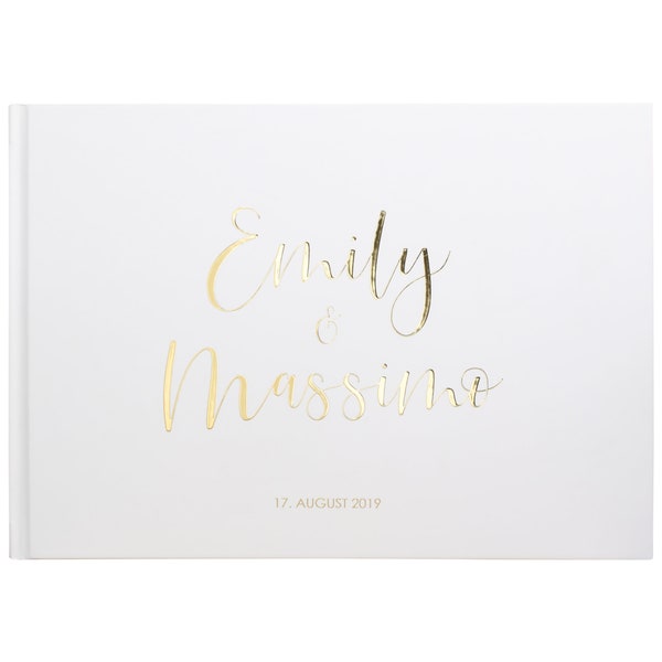 Livre d'or mariage | BLANC PUR de luxe | PERSONNALISÉ | blanc | Finition or | avec et sans questions | A4 | Relié | chic chic propre