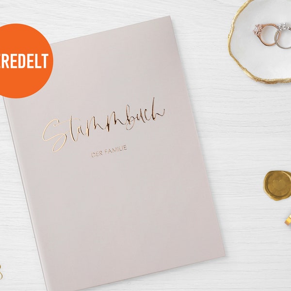 STAMMBUCH der Familie | PERSONALISIERBAR | Deluxe Beige/Elfenbein | Gold Silber Kupfer Roségold Veredelung | Hardcover, inklusive Register